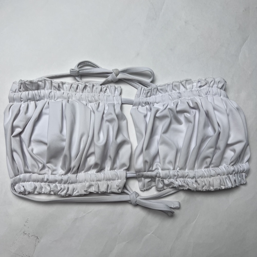 Shein Bikini Bandeau Halter Top Scrunched Ruffles White Large w/ Pads